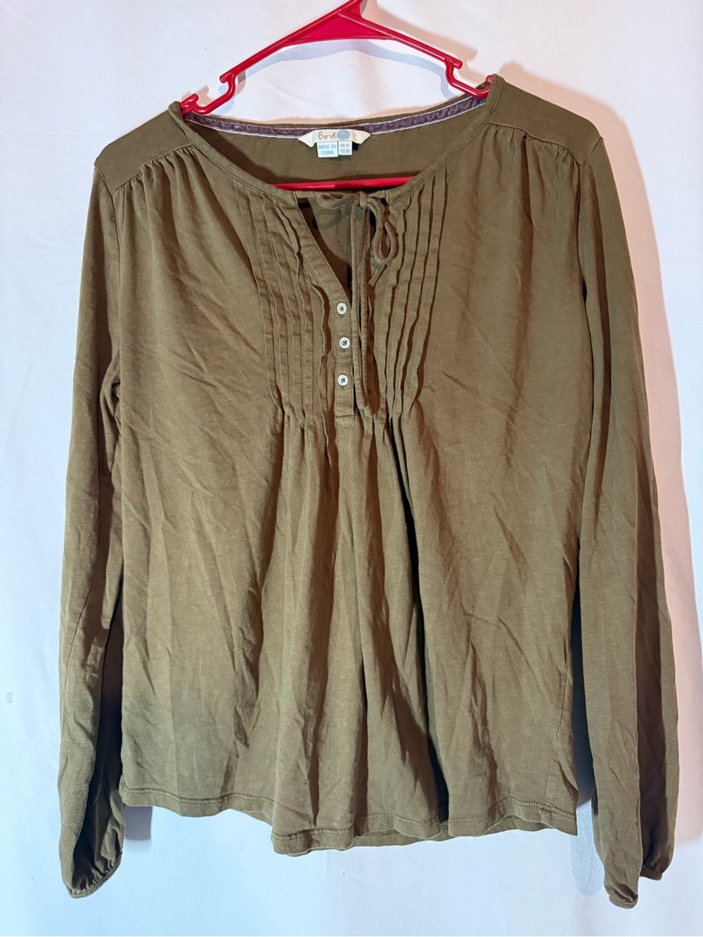 Boden Women’s US 10 Brown Olive Pintuck Peasant Top Long Sleeve Boho Cotton